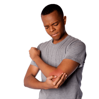 Man with elbow pain waiting for the chiropractor for treatment 